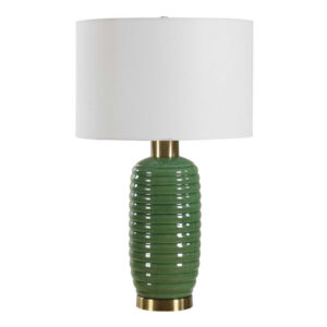 Table Lamp, Off White Linen Shade, 27 Inch Olive Green Ribbed Ceramic