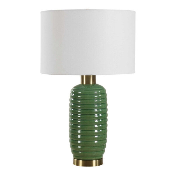 Table Lamp, Off White Linen Shade, 27 Inch Olive Green Ribbed Ceramic