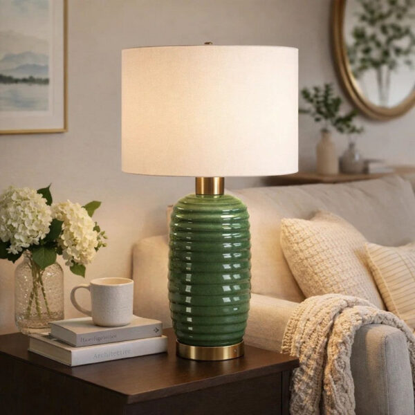 Table Lamp, Off White Linen Shade, 27 Inch Olive Green Ribbed Ceramic