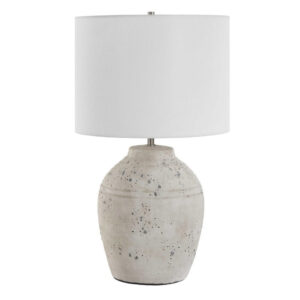 Table Lamp, Round Linen Shade, 24 Inch Distressed White Ceramic Body