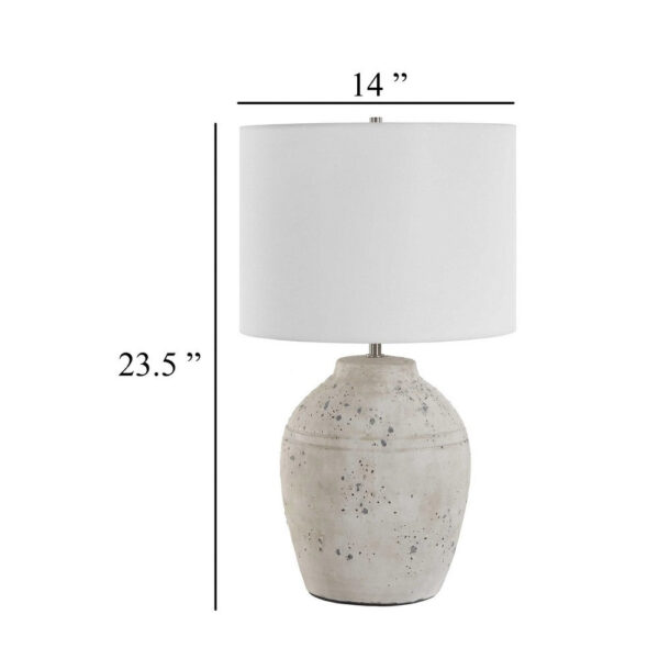 Table Lamp, Round Linen Shade, 24 Inch Distressed White Ceramic Body