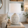 Table Lamp, Round Linen Shade, 24 Inch Distressed White Ceramic Body