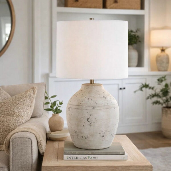 Table Lamp, Round Linen Shade, 24 Inch Distressed White Ceramic Body