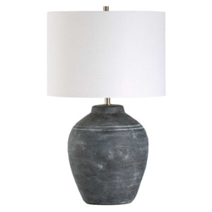 Table Lamp, Off White Linen Shade, Weathered Black Urn Body, 24 Inch