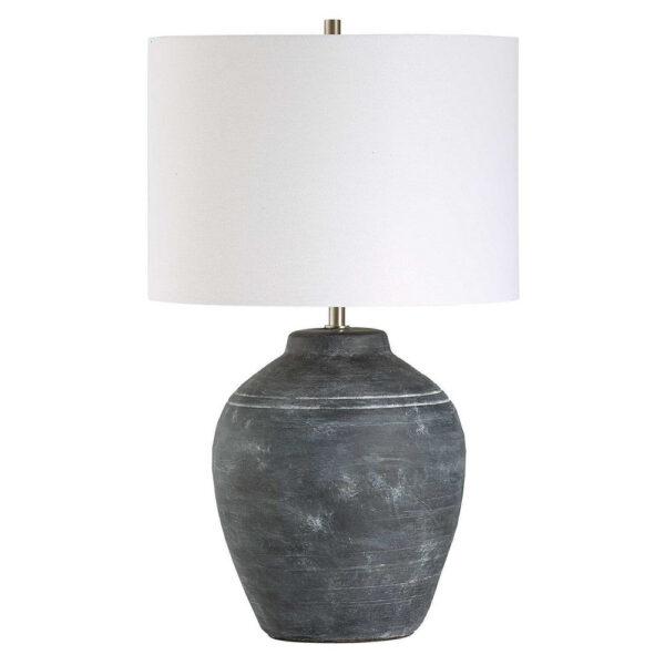 Table Lamp, Off White Linen Shade, Weathered Black Urn Body, 24 Inch