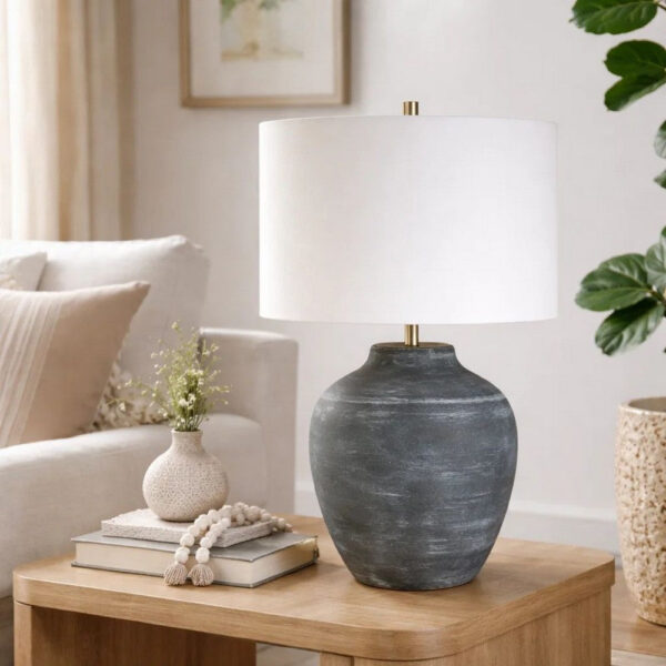 Table Lamp, Off White Linen Shade, Weathered Black Urn Body, 24 Inch