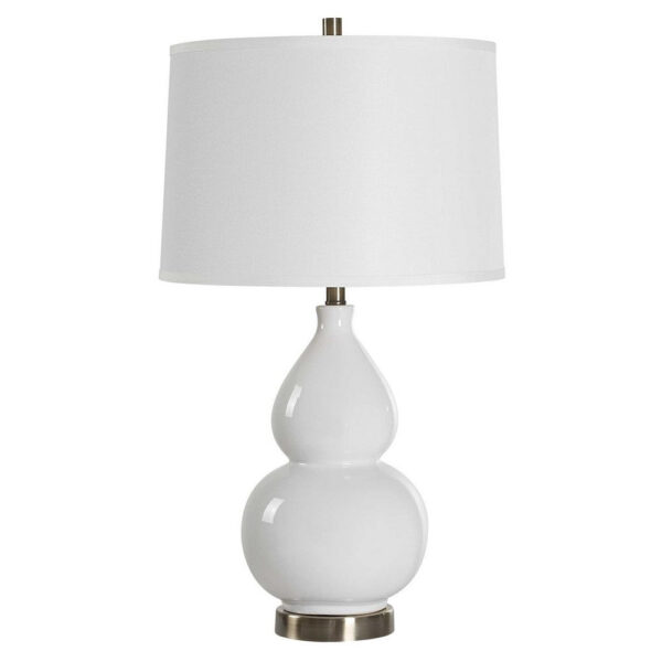 Roe Table Lamp, White Linen Shade, White Gourd Ceramic Body, 26 Inch