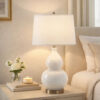 Roe Table Lamp, White Linen Shade, White Gourd Ceramic Body, 26 Inch