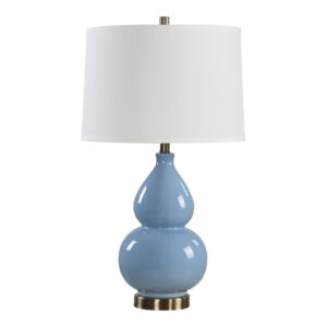 Roe Table Lamp, White Linen Shade, Blue Gourd Ceramic Body, 26 Inch