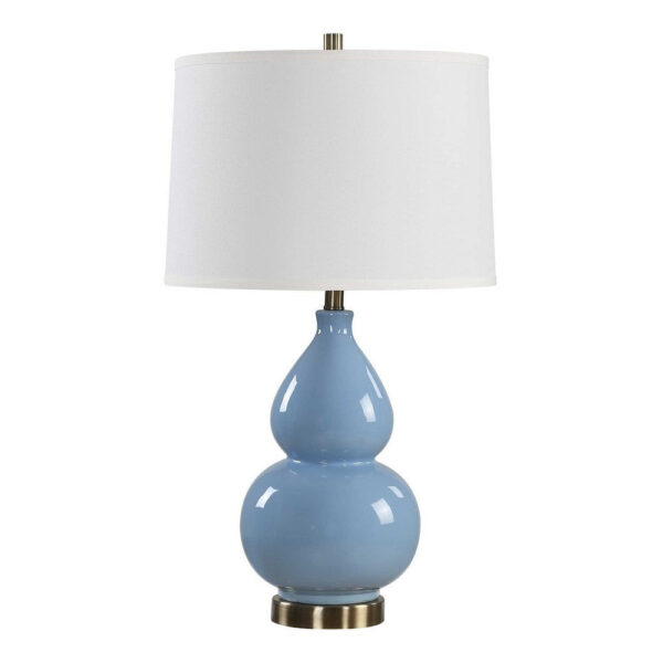 Roe Table Lamp, White Linen Shade, Blue Gourd Ceramic Body, 26 Inch