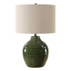 Table Lamp, Moss Green Textured Ceramic and Beige Linen Shade, 23 Inch