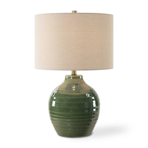 Table Lamp, Moss Green Textured Ceramic and Beige Linen Shade, 23 Inch