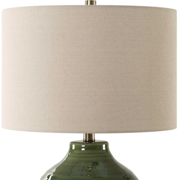 Table Lamp, Moss Green Textured Ceramic and Beige Linen Shade, 23 Inch