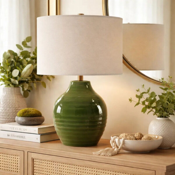 Table Lamp, Moss Green Textured Ceramic and Beige Linen Shade, 23 Inch