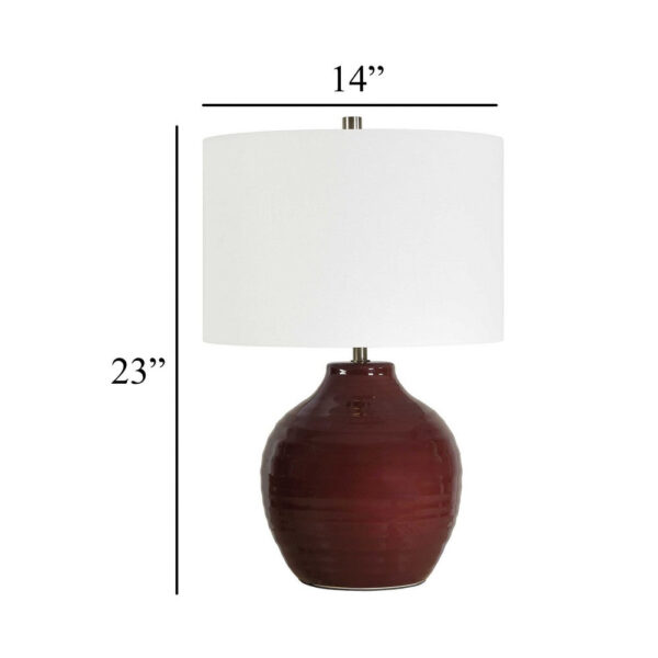 Table Lamp, Round Linen Shade, Ruby Red Textured Round Ceramic, 23 Inch