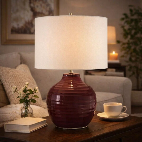 Table Lamp, Round Linen Shade, Ruby Red Textured Round Ceramic, 23 Inch