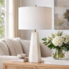 Accent Table Lamp, Cream Marble Base, Off White Linen Shade, 23 Inch