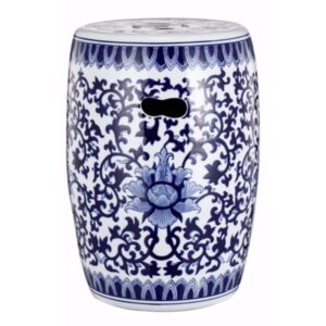 11 Inch Garden Stool, Ceramic Drum Shape, Blue, White Floral Pattern