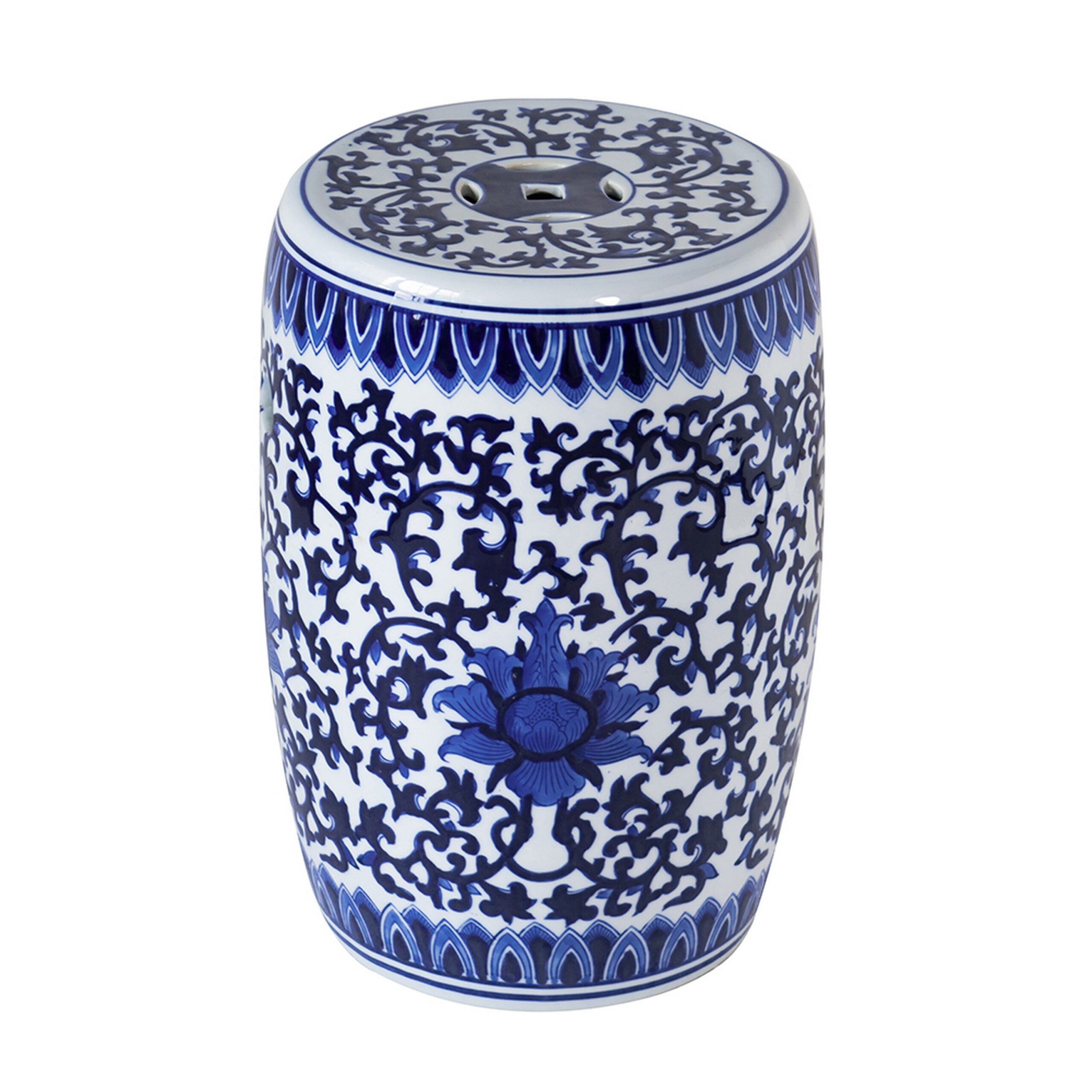 11 Inch Garden Stool, Ceramic Drum Shape, Blue, White Floral Pattern