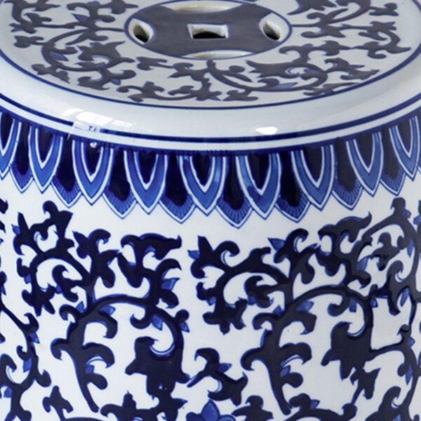 11 Inch Garden Stool, Ceramic Drum Shape, Blue, White Floral Pattern