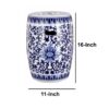 11 Inch Garden Stool, Ceramic Drum Shape, Blue, White Floral Pattern