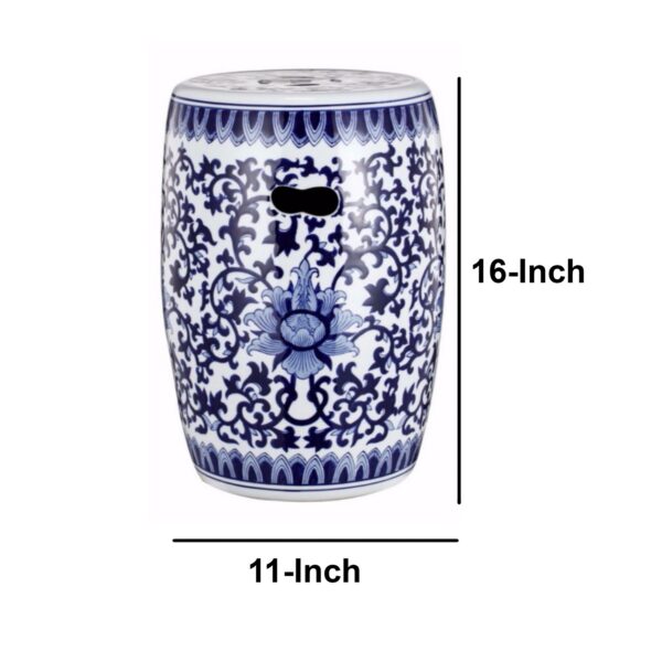 11 Inch Garden Stool, Ceramic Drum Shape, Blue, White Floral Pattern