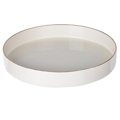 Mimosa Plastic Round Tray, Gold Accented Trims, Glossy White