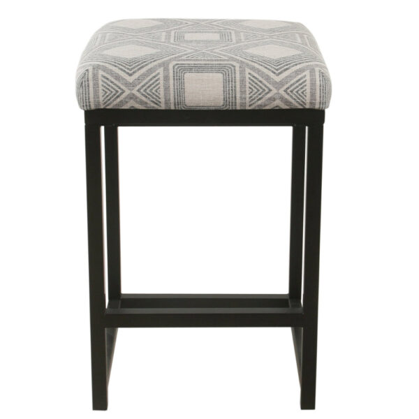 Metal Counter Stool with Geometric Pattern Fabric Upholstered Seat, Gray and Black