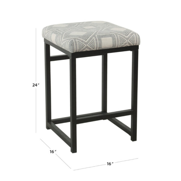Metal Counter Stool with Geometric Pattern Fabric Upholstered Seat, Gray and Black
