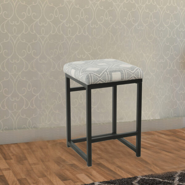 Metal Counter Stool with Geometric Pattern Fabric Upholstered Seat, Gray and Black