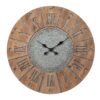 Round Wooden Frame Wall Clock with Metal Accents, Brown and Gray