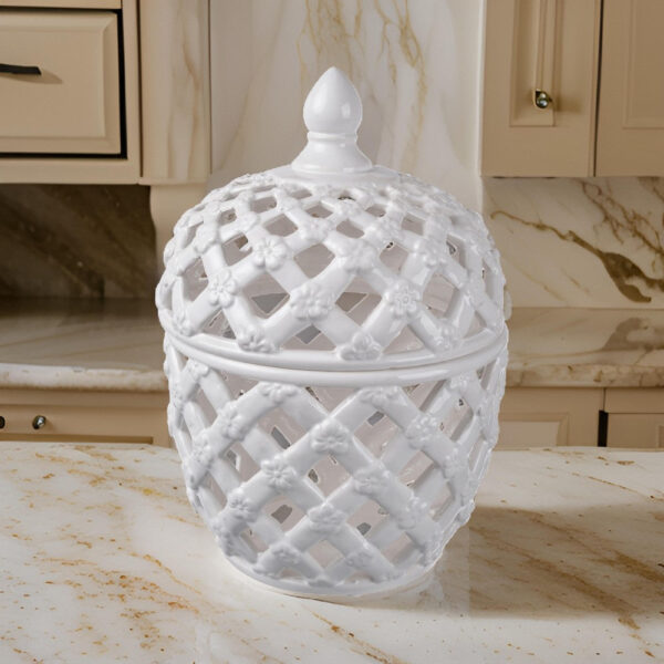 Decorative Ceramic Lidded Jar with Cut Out Texture, Large, White