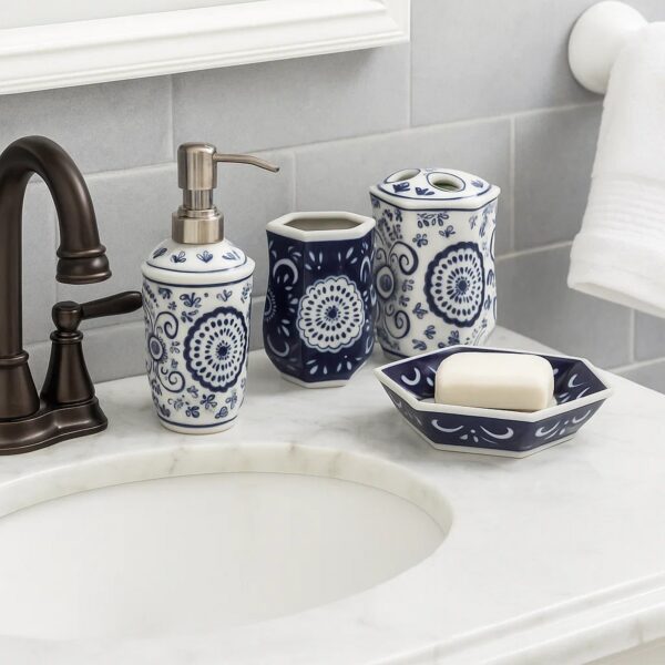 Elegantly Crafted Bath Accessories, Set of 4, Blue and White