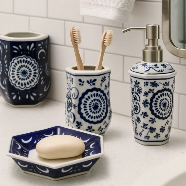 Elegantly Crafted Bath Accessories, Set of 4, Blue and White
