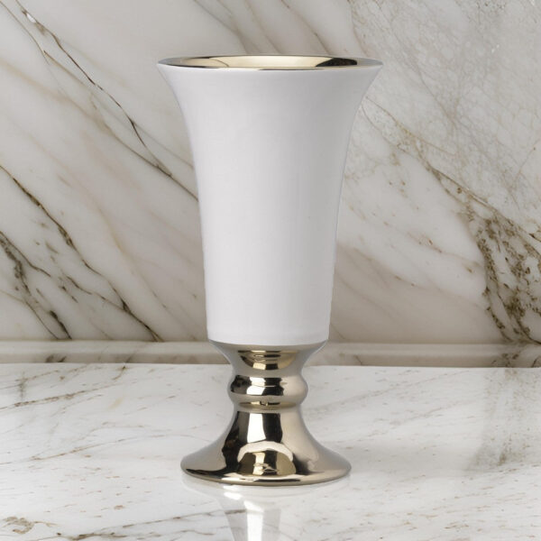Ceramic Vase with Flared Top and Pedestal Base, Large, White and Gold
