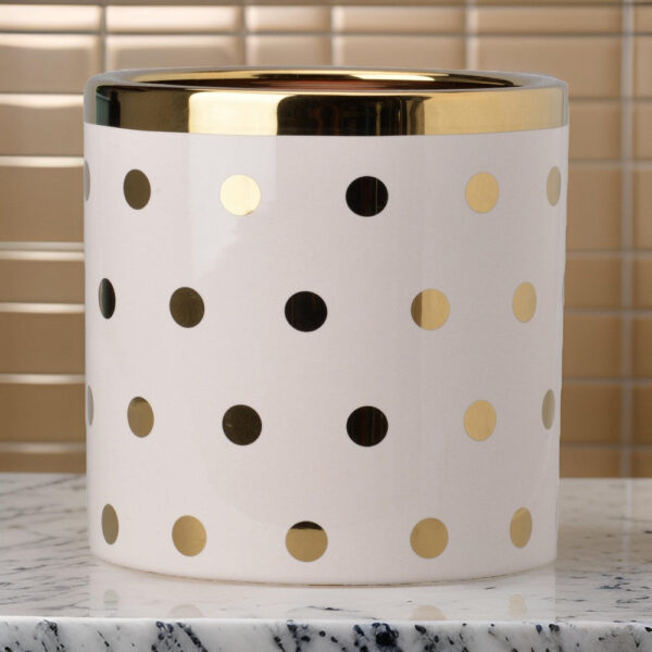 Ceramic Cylindrical Planter with Polka Dots Pattern, White and Gold