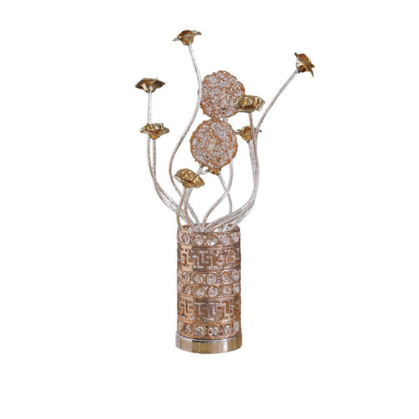 Table Lamp, Rose Bud Floral Vase, Cage Textured Gold Chrome 22 Inch