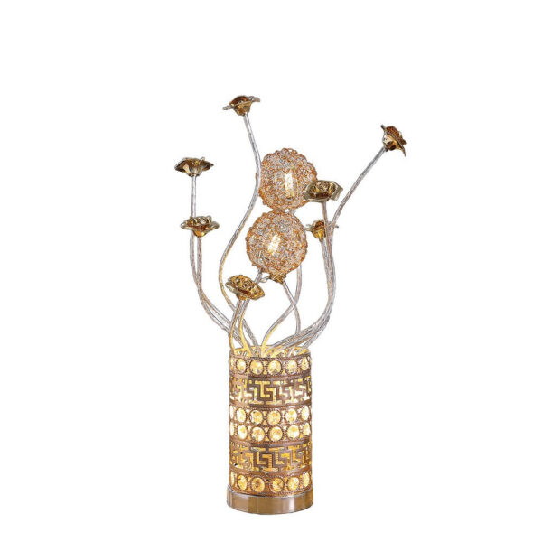 Table Lamp, Rose Bud Floral Vase, Cage Textured Gold Chrome 22 Inch