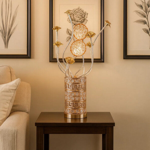 Table Lamp, Rose Bud Floral Vase, Cage Textured Gold Chrome 22 Inch