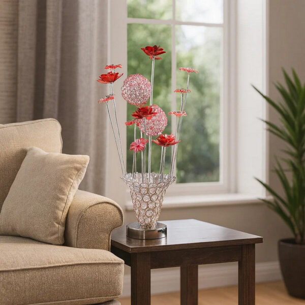 Accent Table Lamp, LED, Red Roses Trumpet Crystal Vase, Chrome 21 Inch