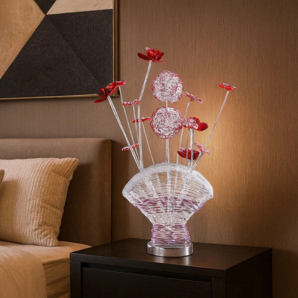 Accent Table Lamp, LED, Red Roses Fan Crystal Vase, Chrome 22 Inch
