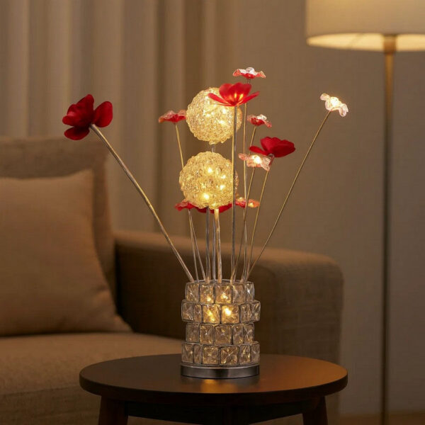 Accent Table Lamp, LED, Red Roses, Crystal Square Vase, Chrome 21 Inch