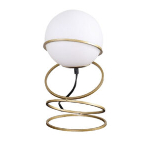 Table Lamp, White Glass Globe, 4 Spiral Ring Accented Base 14 Inch
