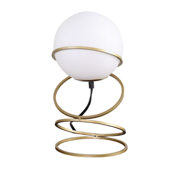 Table Lamp, White Glass Globe, 4 Spiral Ring Accented Base 14 Inch