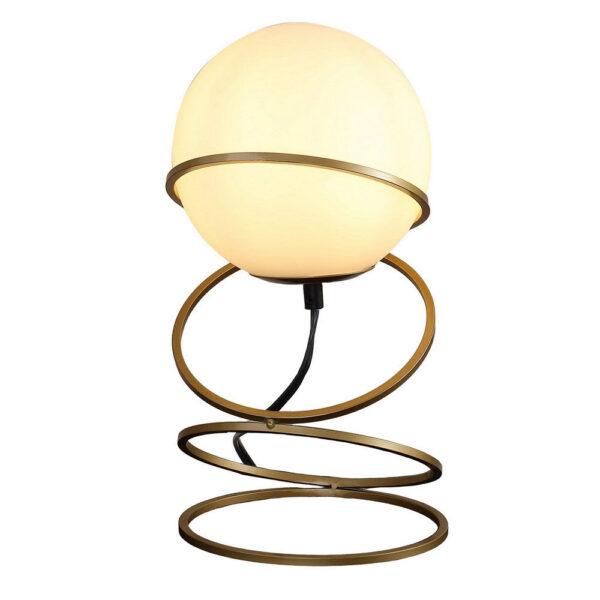 Table Lamp, White Glass Globe, 4 Spiral Ring Accented Base 14 Inch
