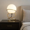 Table Lamp, White Glass Globe, 4 Spiral Ring Accented Base 14 Inch