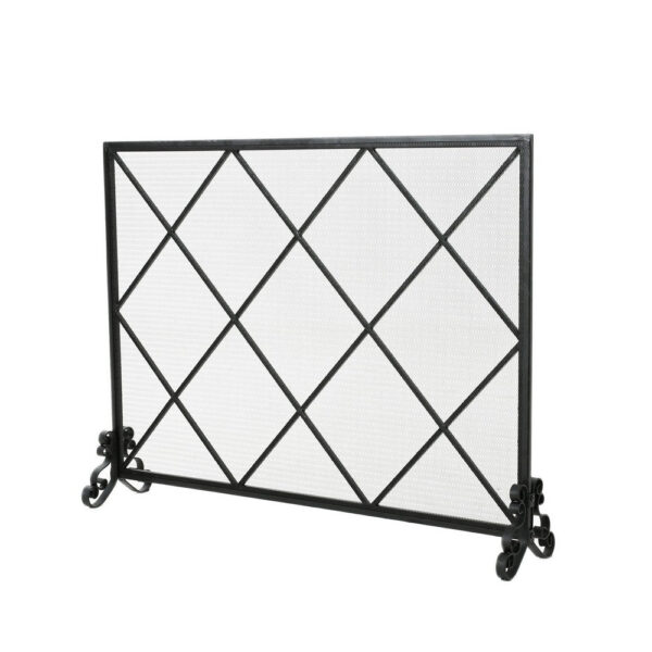 Fireplace Screen, Classic Diamond Shape with Mesh, 41x32 Black Finish