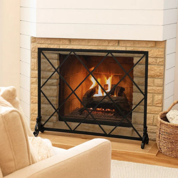 Fireplace Screen, Classic Diamond Shape with Mesh, 41x32 Black Finish