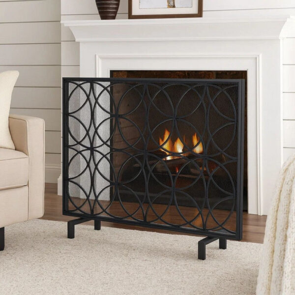 Fireplace Screen, Overlapping Circles w Mesh, 41x31 Matte Black Frame