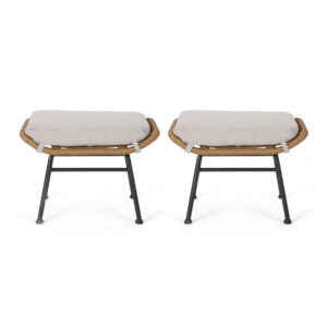 Margo Outdoor Ottoman Set of 2, 24 Inch Black Iron, Brown and Beige